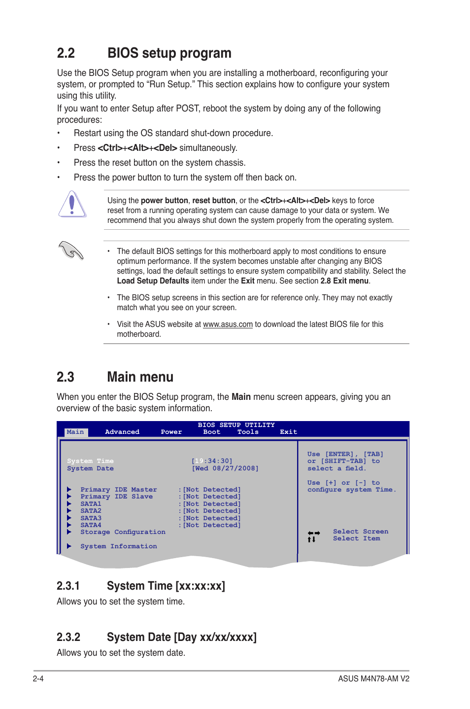 2 bios setup program, 3 main menu, 1 system time | 2 system date, Bios setup program -4, Main menu -4 2.3.1, System time -4, System date -4, 1 system time [xx:xx:xx | Asus M4N78-AM V2 User Manual | Page 28 / 40