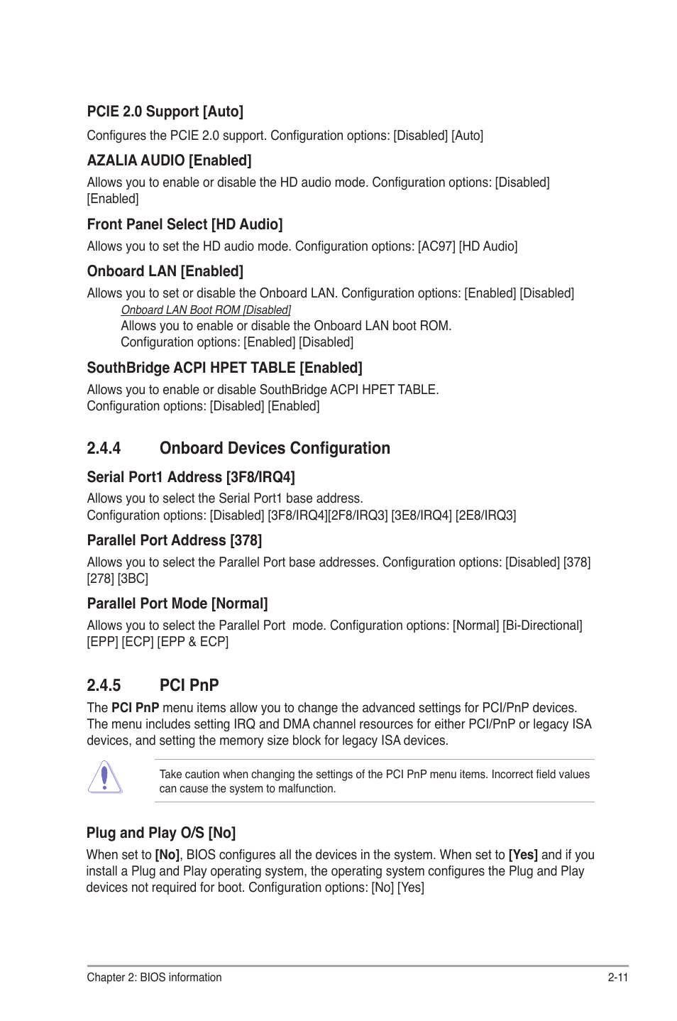 4 onboard devices configuration, 5 pci pnp, Onboard devices configuration -11 | Pci pnp -11 | Asus M4N78-AM V2 User Manual | Page 35 / 40