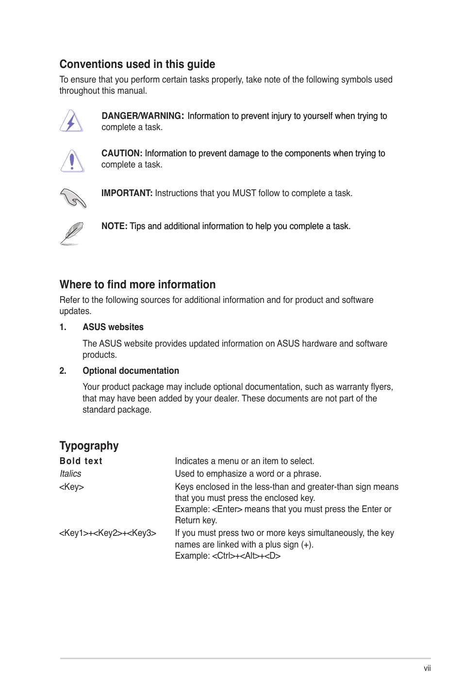 Conventions used in this guide, Where to find more information, Typography | Asus M4N78-AM V2 User Manual | Page 7 / 40