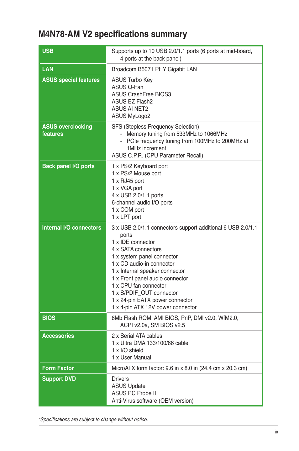 M4n78-am v2 specifications summary | Asus M4N78-AM V2 User Manual | Page 9 / 40