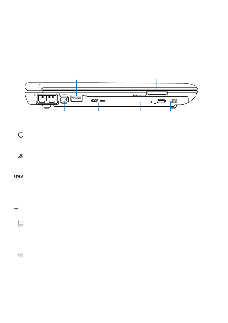 Left side, Knowing the parts, Optical drive | 1394 port, Modem port, Usb port (2.0/1.1) | Asus W5A User Manual | Page 16 / 70