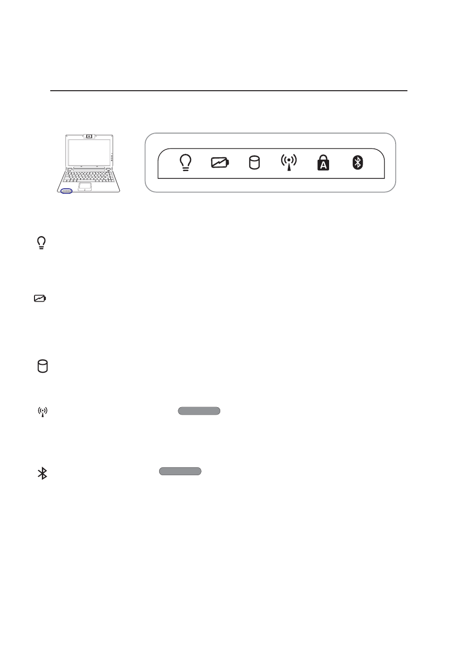 Status indicators (left of touchpad) | Asus W5A User Manual | Page 30 / 70