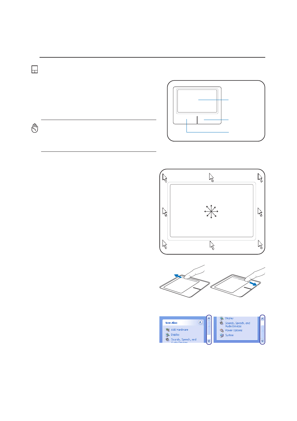 Pointing device, Using the touchpad, Scroll down scroll up | Asus W5A User Manual | Page 35 / 70