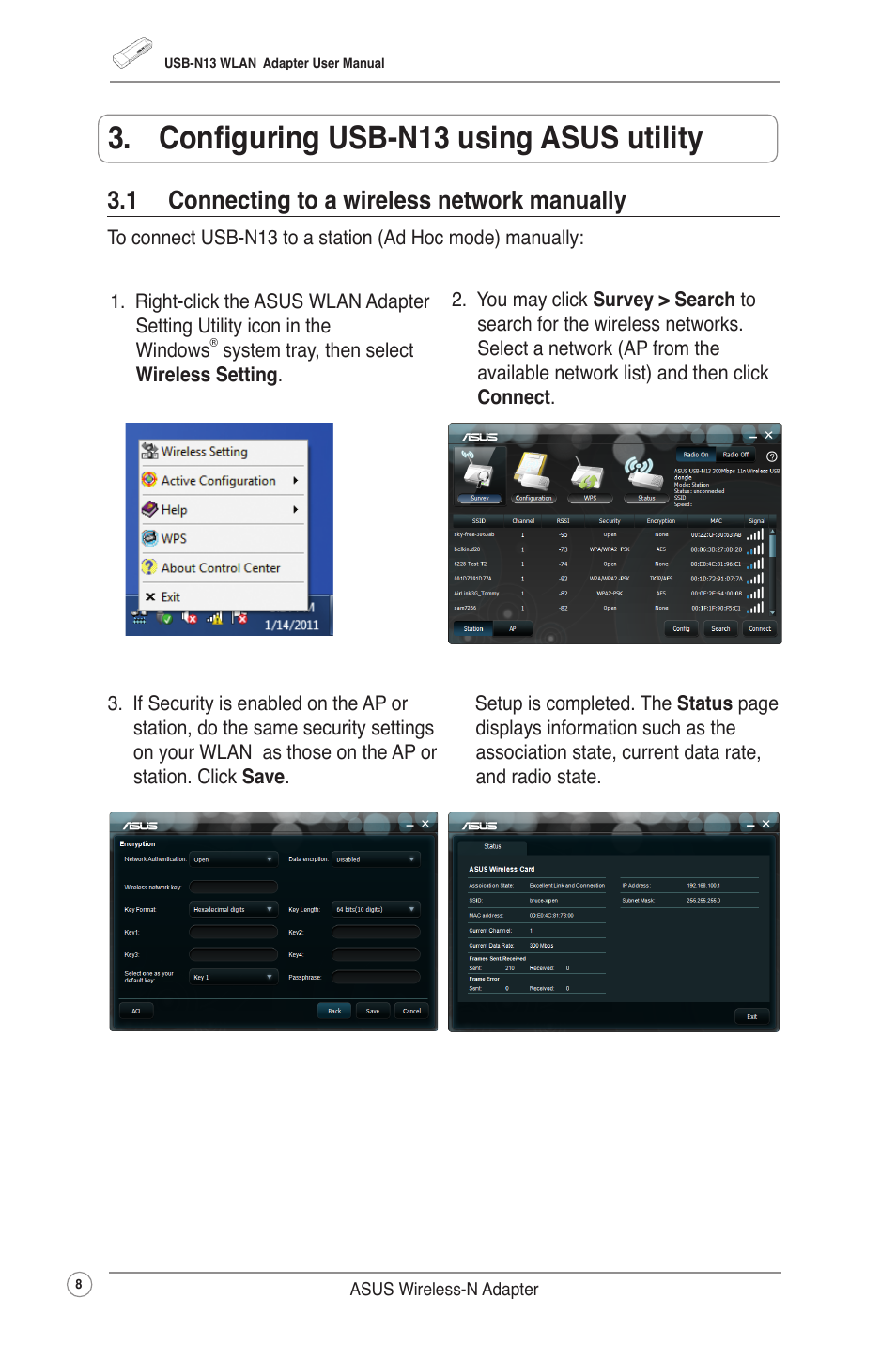 Configuring usb-n13 using asus utility, 1 connecting to a wireless network manually | Asus USB-N13 (VER.B1) User Manual | Page 11 / 32