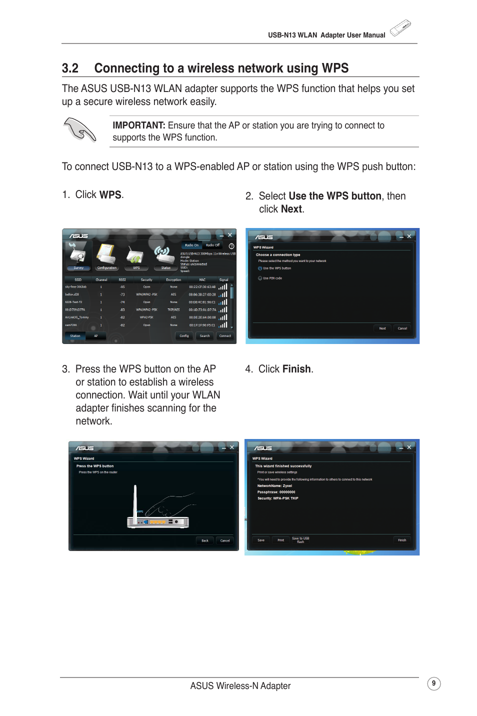 2 connecting to a wireless network using wps | Asus USB-N13 (VER.B1) User Manual | Page 12 / 32