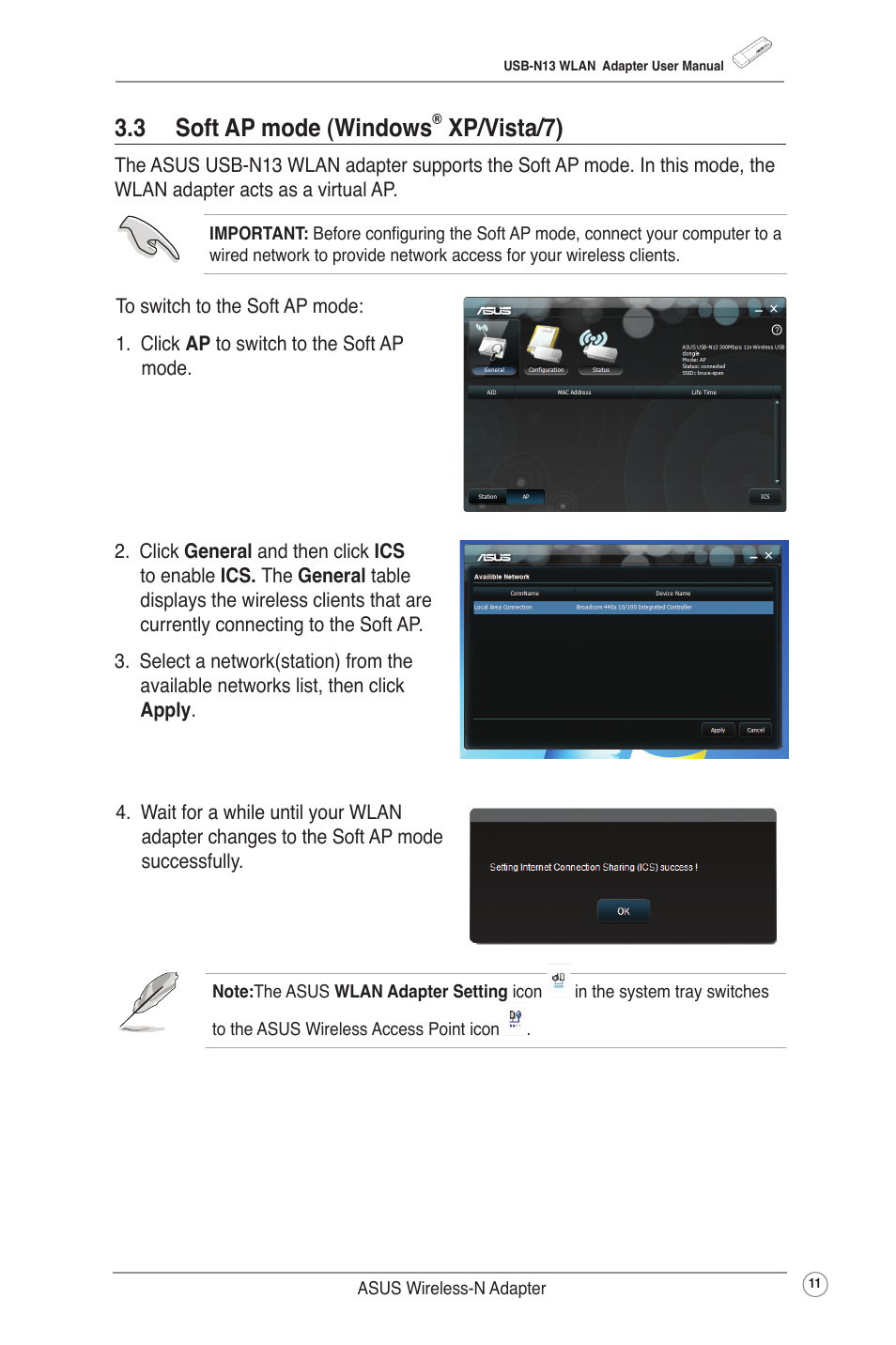 3 soft ap mode (windows® xp/vista/7), 3 soft ap mode (windows, Xp/vista/7) | Asus USB-N13 (VER.B1) User Manual | Page 14 / 32