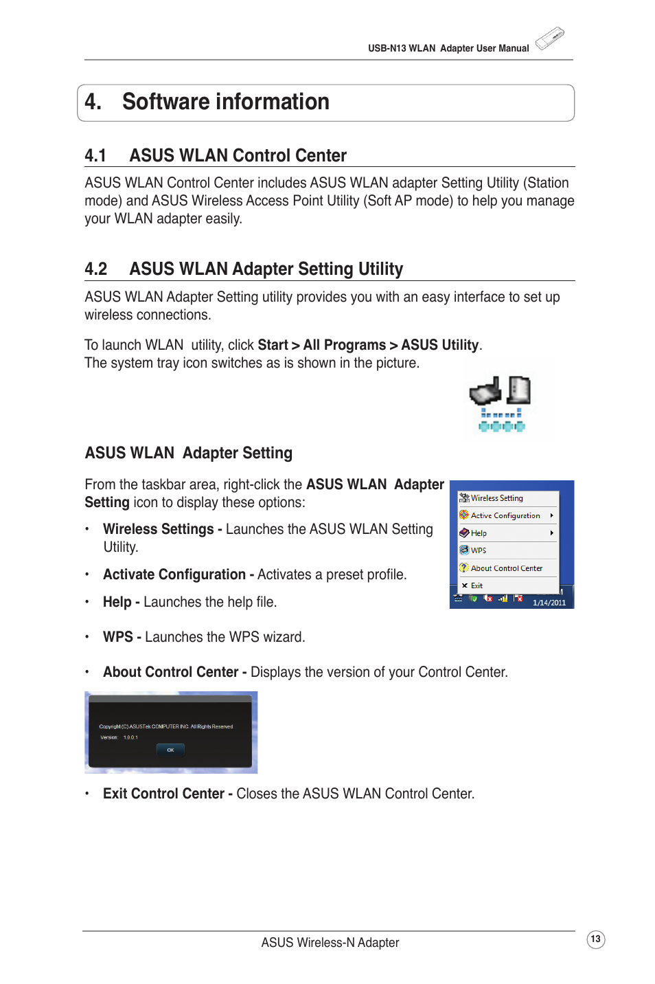 Software information, 1 asus wlan control center, 2 asus wlan adapter setting utility | Asus USB-N13 (VER.B1) User Manual | Page 16 / 32