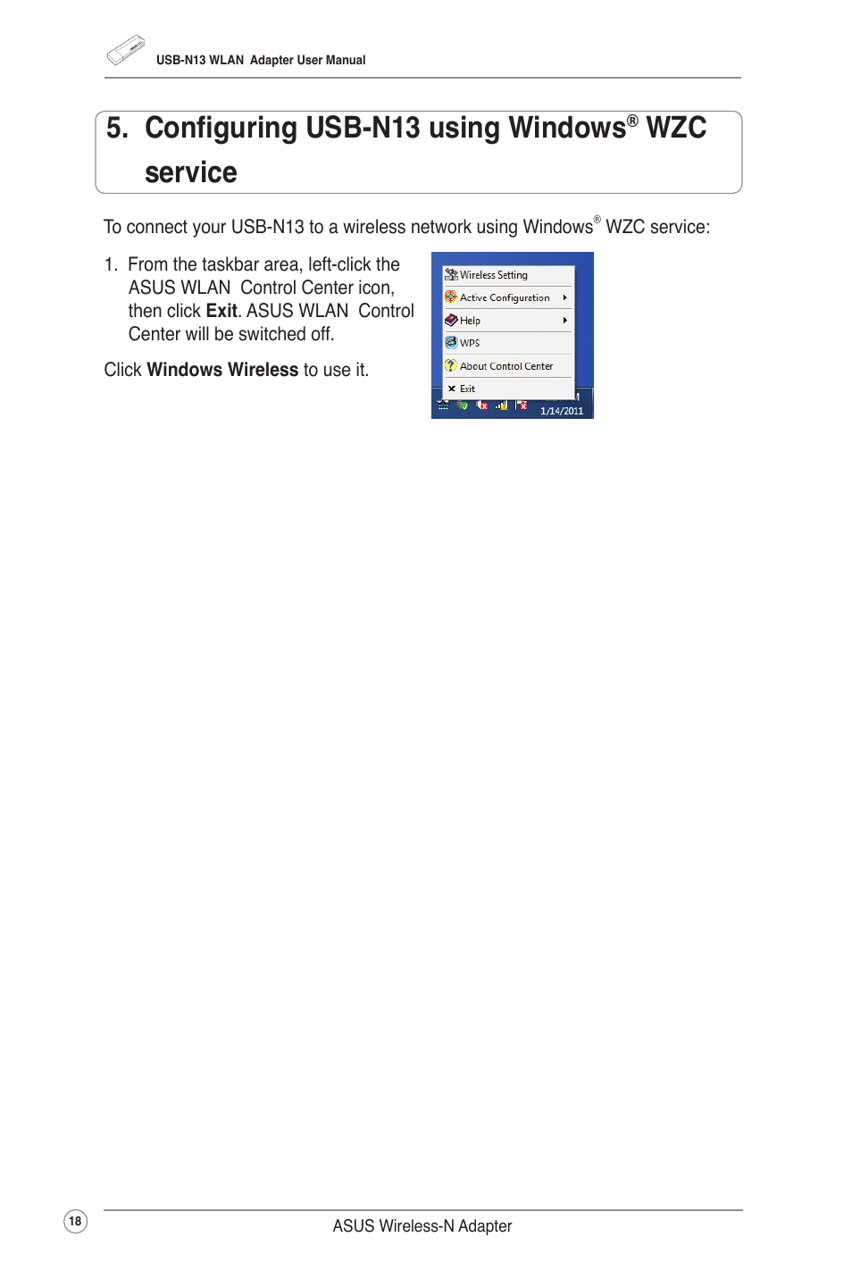 Configuring usb-n13 using windows® wzc service, Configuring usb-n13 using windows, Wzc service | Asus USB-N13 (VER.B1) User Manual | Page 21 / 32