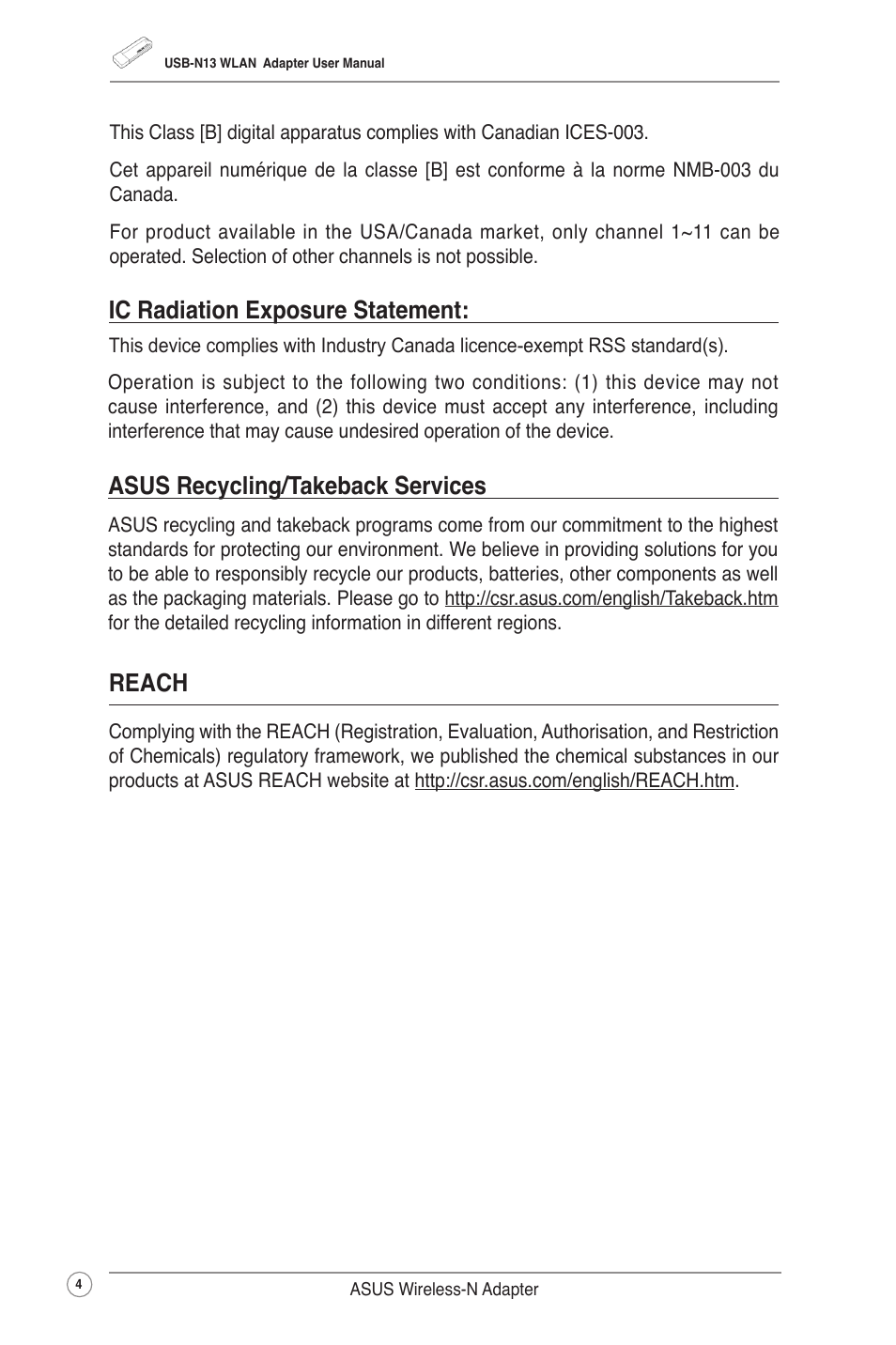 Ic radiation exposure statement, Asus recycling/takeback services, Reach | Asus USB-N13 (VER.B1) User Manual | Page 7 / 32