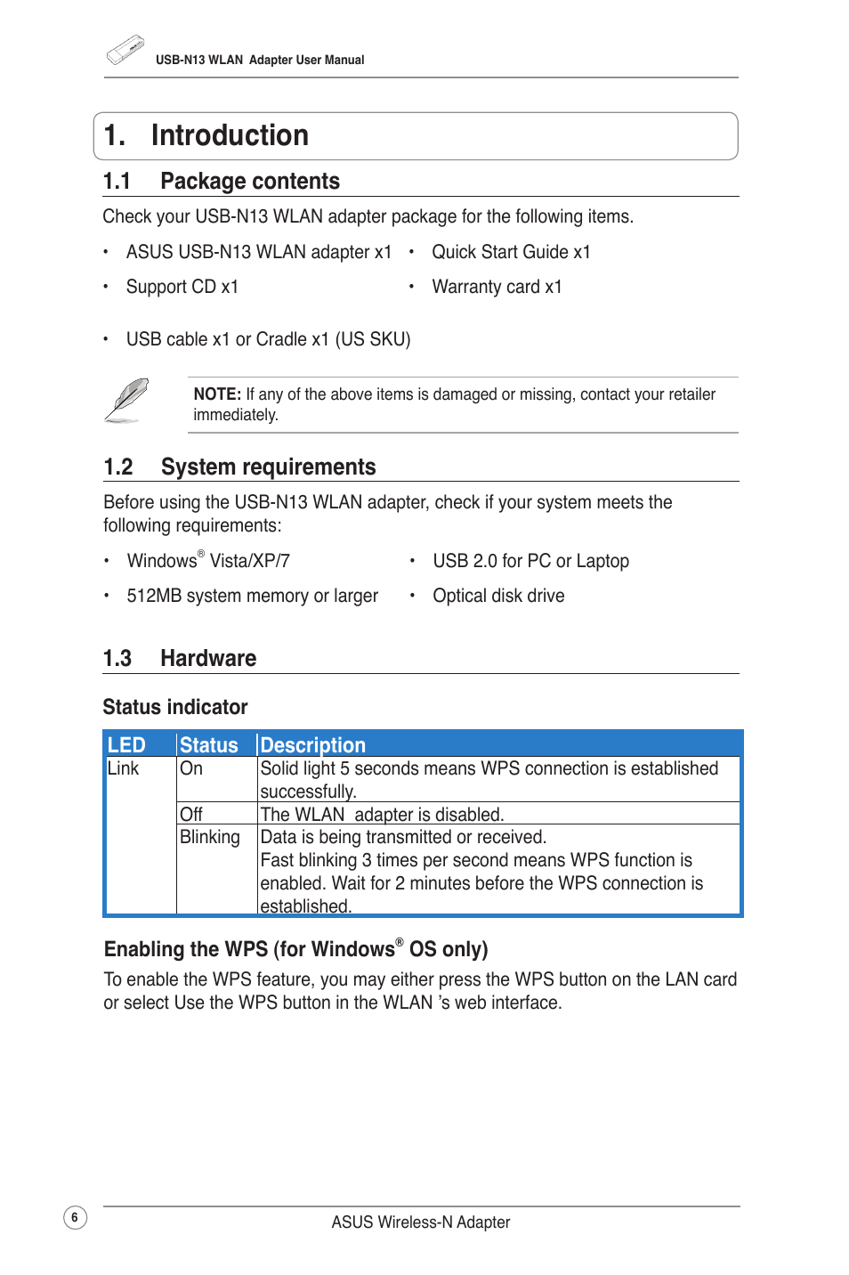 Introduction, 1 package contents, 2 system requirements | 3 hardware | Asus USB-N13 (VER.B1) User Manual | Page 9 / 32