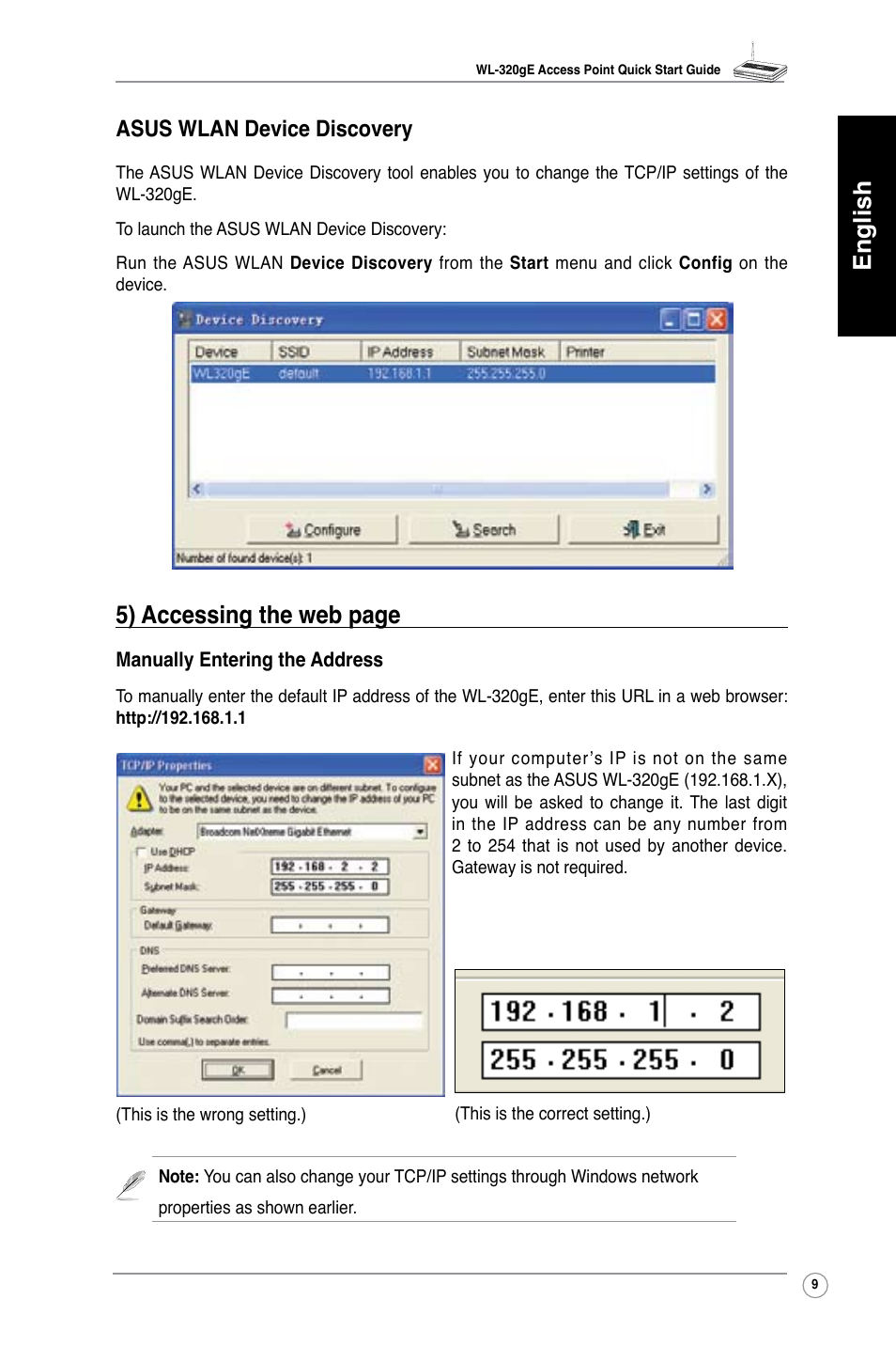 English, 5) accessing the web page, Asus wlan device discovery | Asus WL-320gE User Manual | Page 10 / 361