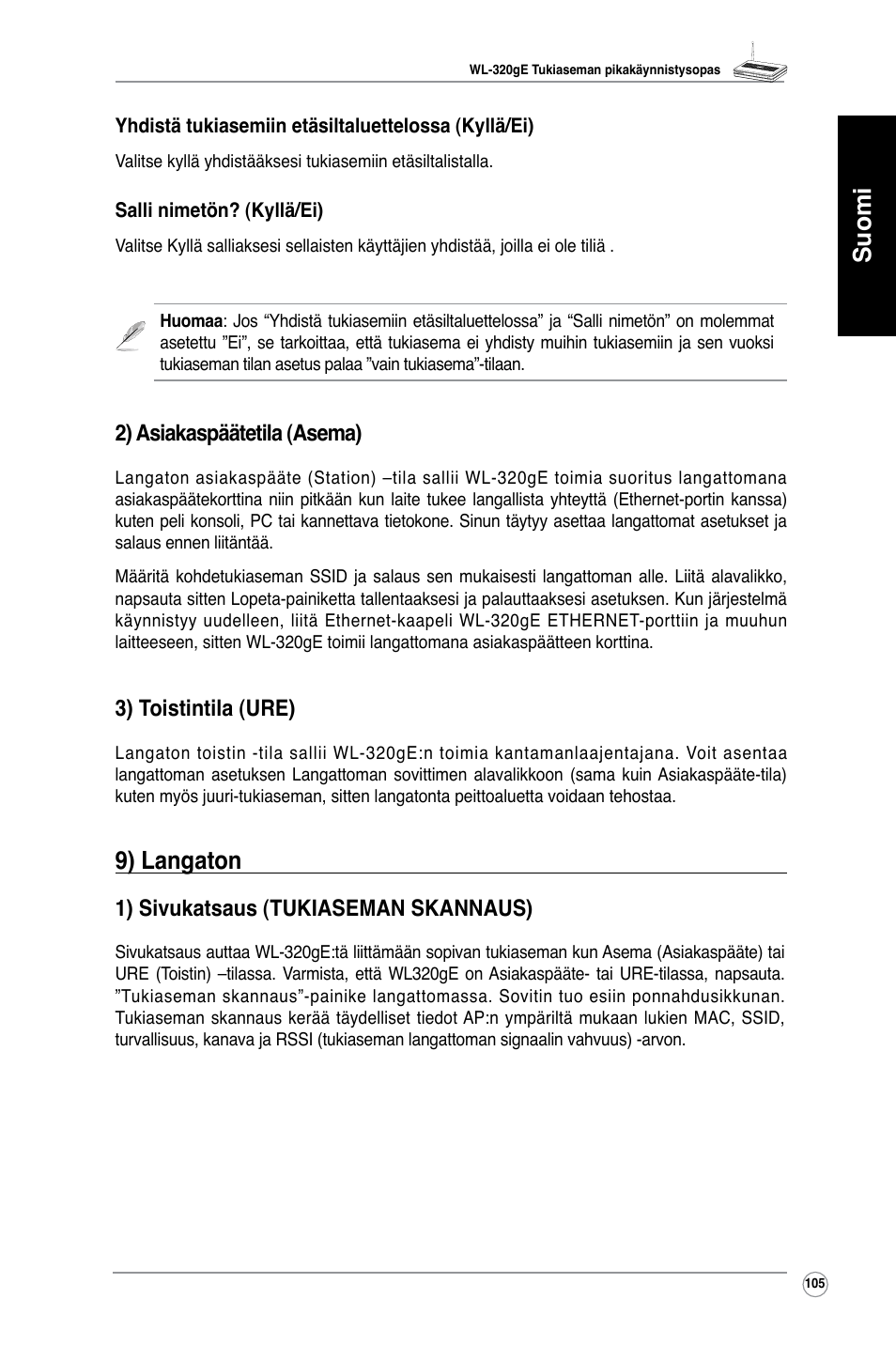 Suomi, 9) langaton, 2) asiakaspäätetila (asema) | 3) toistintila (ure), 1) sivukatsaus (tukiaseman skannaus) | Asus WL-320gE User Manual | Page 106 / 361