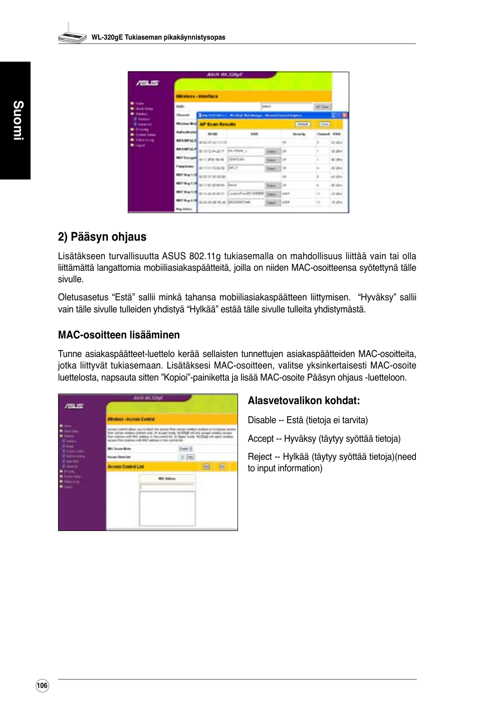 Suomi, 2) pääsyn ohjaus | Asus WL-320gE User Manual | Page 107 / 361