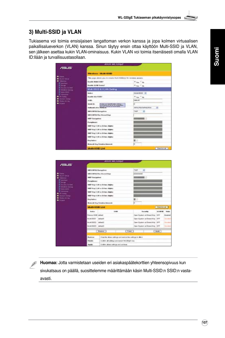 Suomi, 3) multi-ssid ja vlan | Asus WL-320gE User Manual | Page 108 / 361