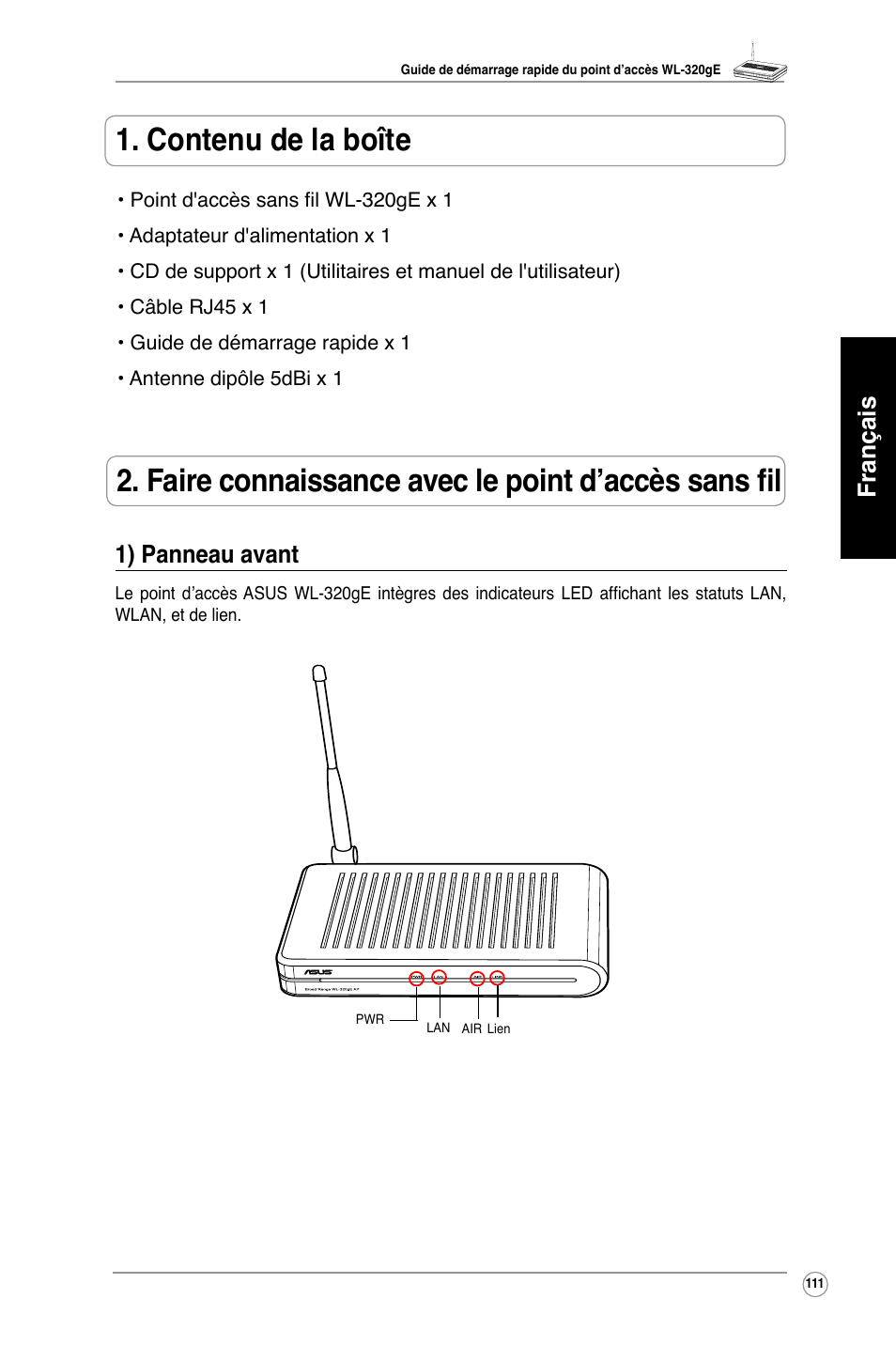 Français 1) panneau avant | Asus WL-320gE User Manual | Page 112 / 361