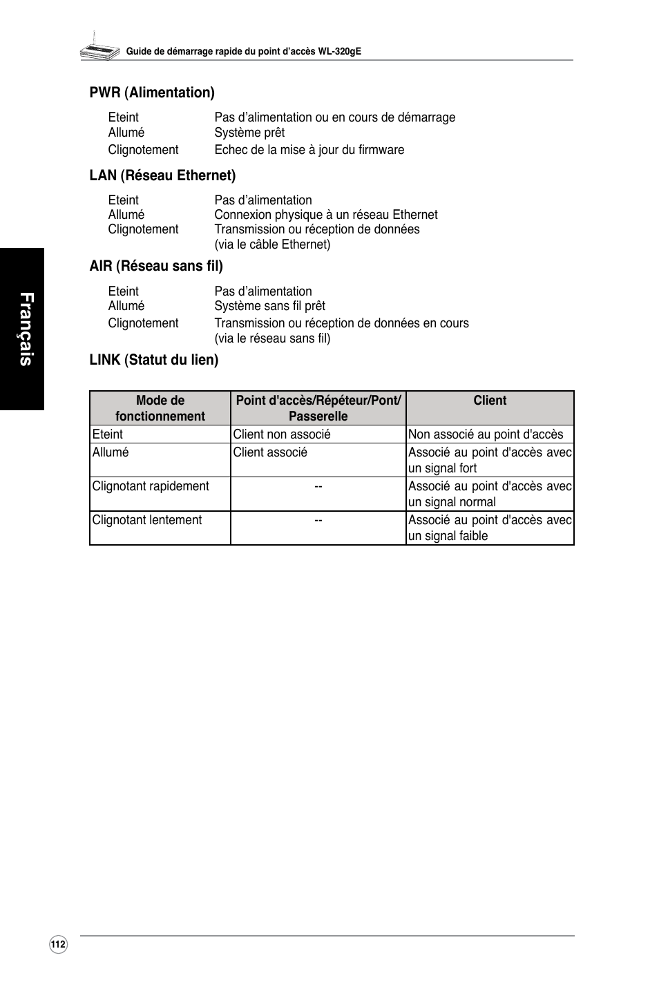 Français | Asus WL-320gE User Manual | Page 113 / 361