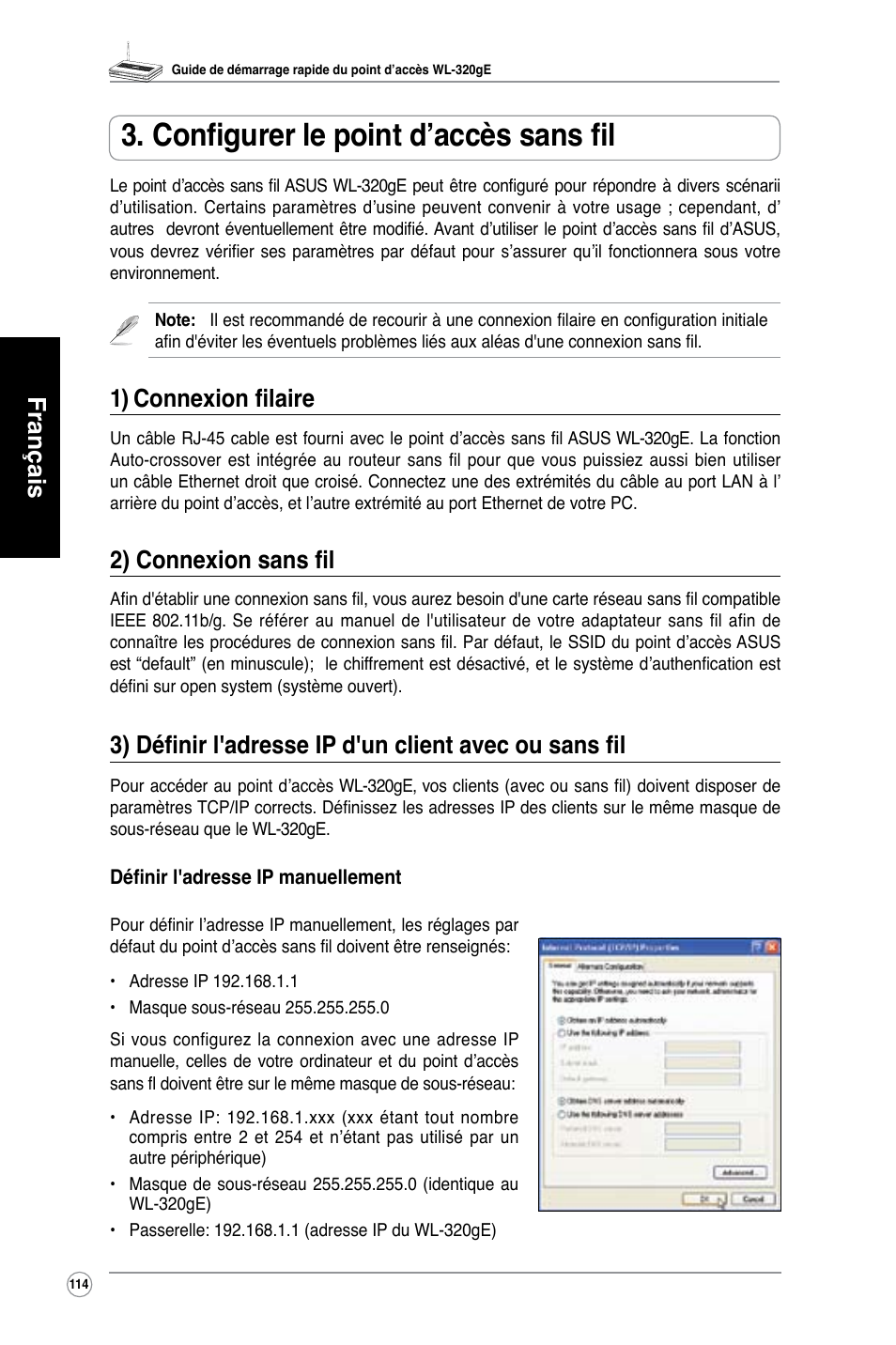 Configurer le point d’accès sans fil, Français, 1) connexion filaire | 2) connexion sans fil | Asus WL-320gE User Manual | Page 115 / 361