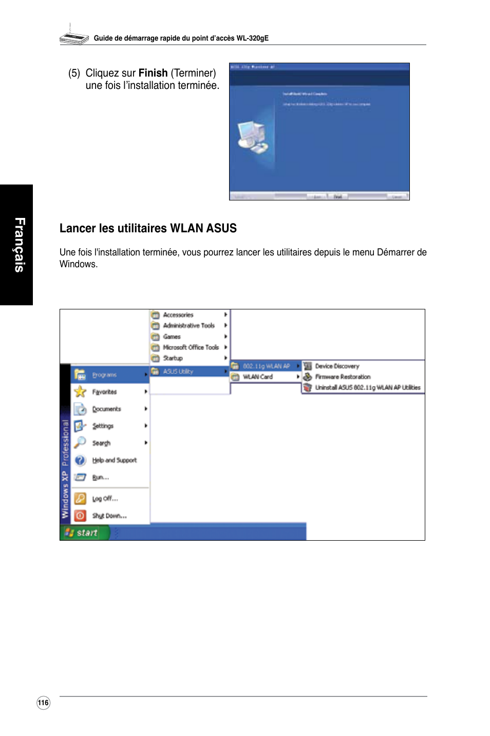 Français, Lancer les utilitaires wlan asus | Asus WL-320gE User Manual | Page 117 / 361