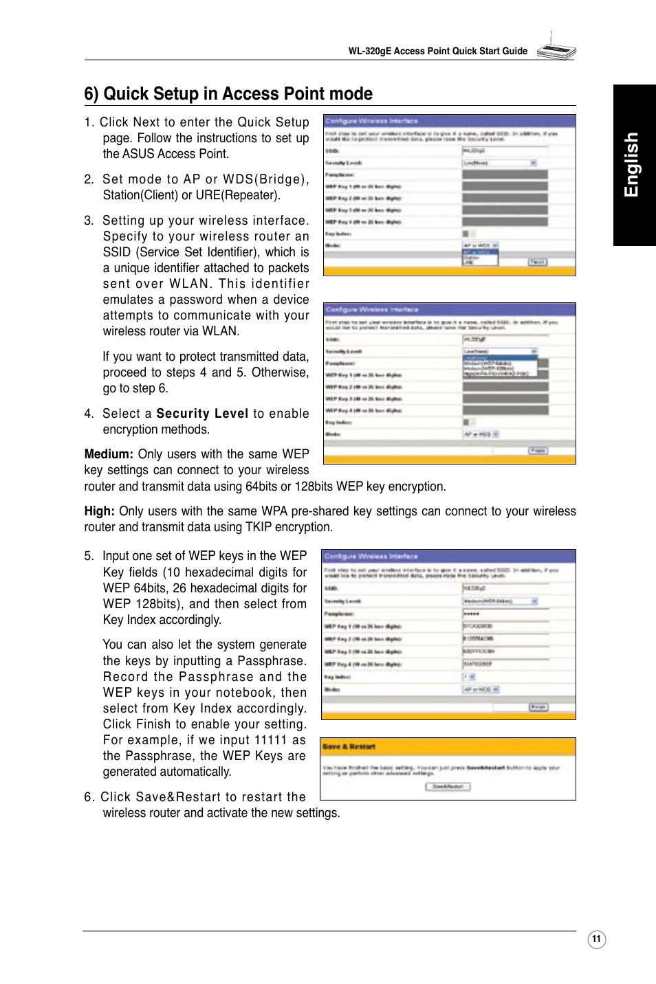 English 6) quick setup in access point mode | Asus WL-320gE User Manual | Page 12 / 361