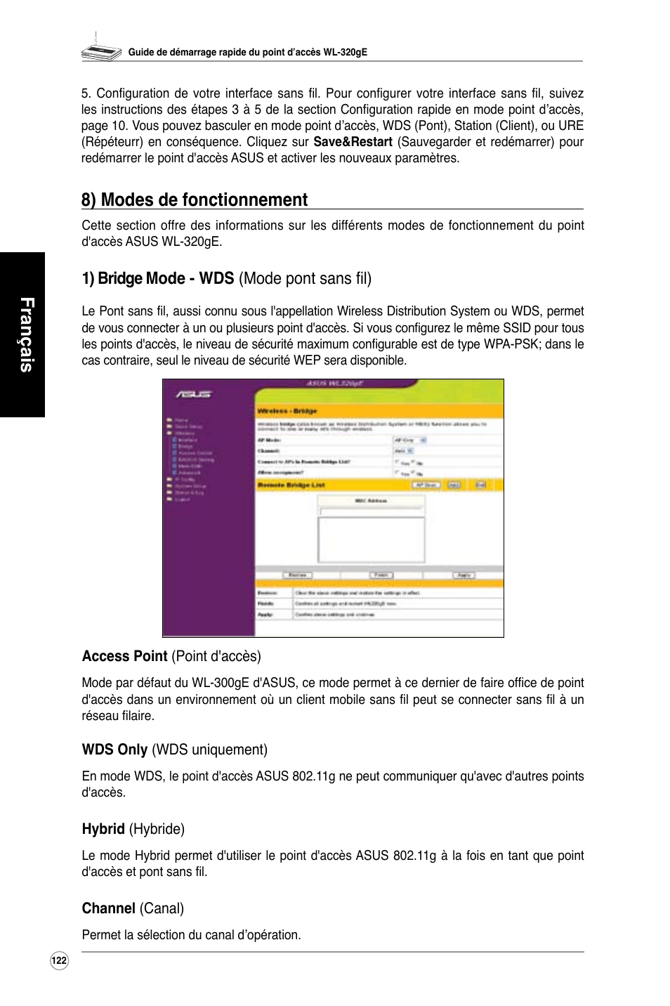 Français, 8) modes de fonctionnement, 1) bridge mode - wds (mode pont sans fil) | Asus WL-320gE User Manual | Page 123 / 361