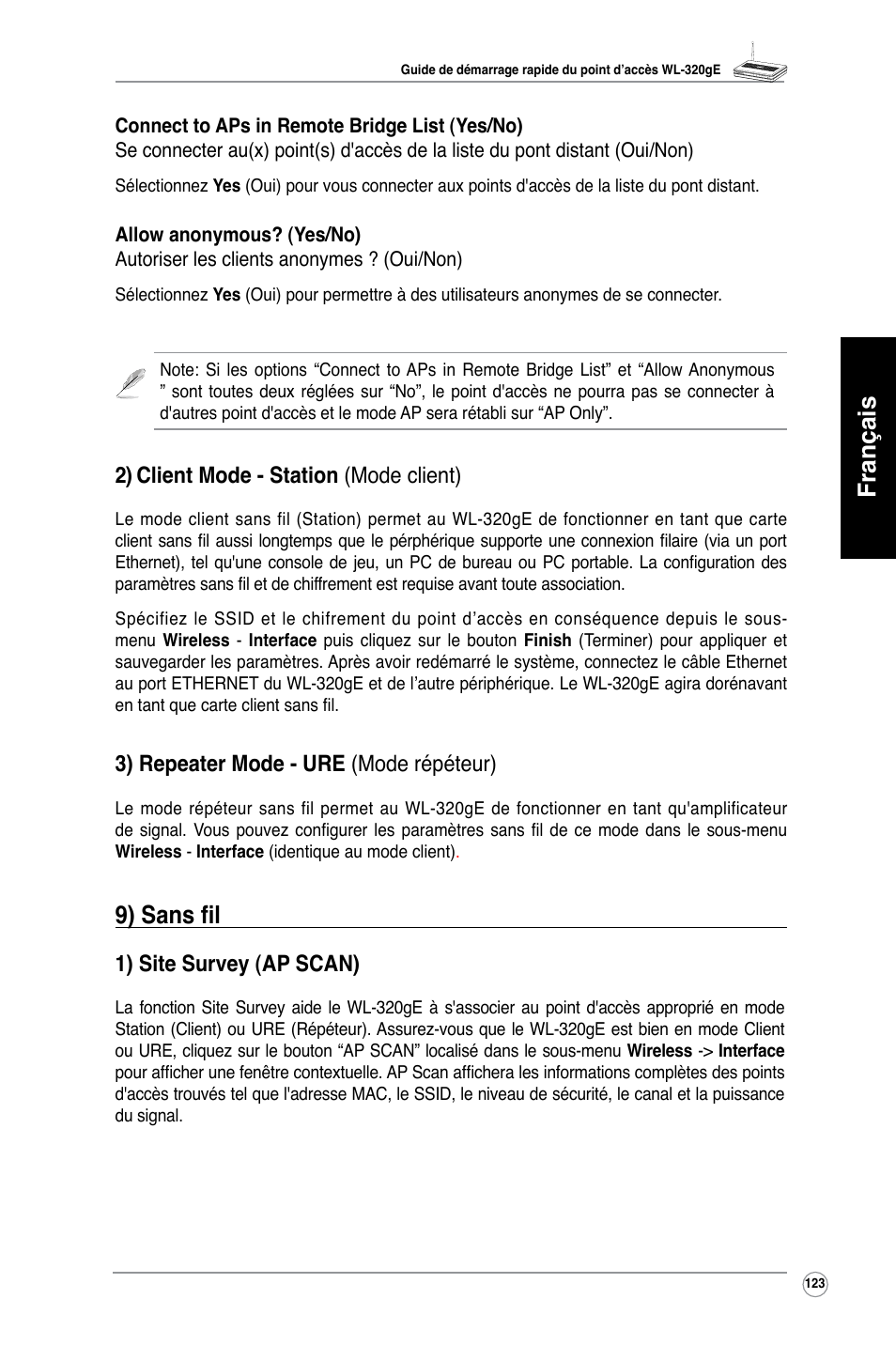 Français, 9) sans fil, 2) client mode - station (mode client) | 3) repeater mode - ure (mode répéteur), 1) site survey (ap scan) | Asus WL-320gE User Manual | Page 124 / 361