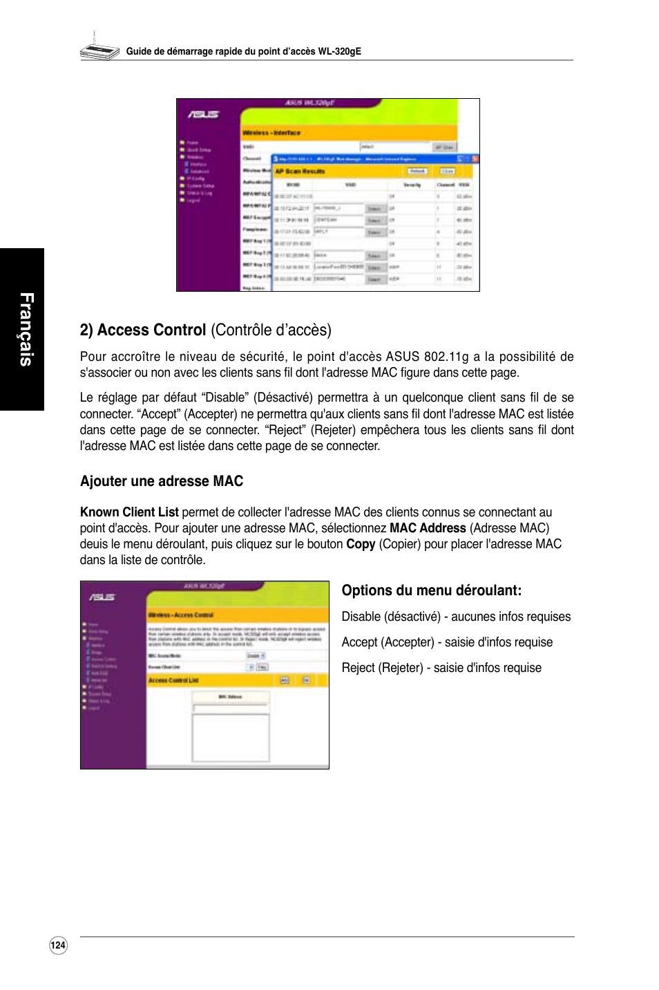 Français, 2) access control (contrôle d’accès) | Asus WL-320gE User Manual | Page 125 / 361