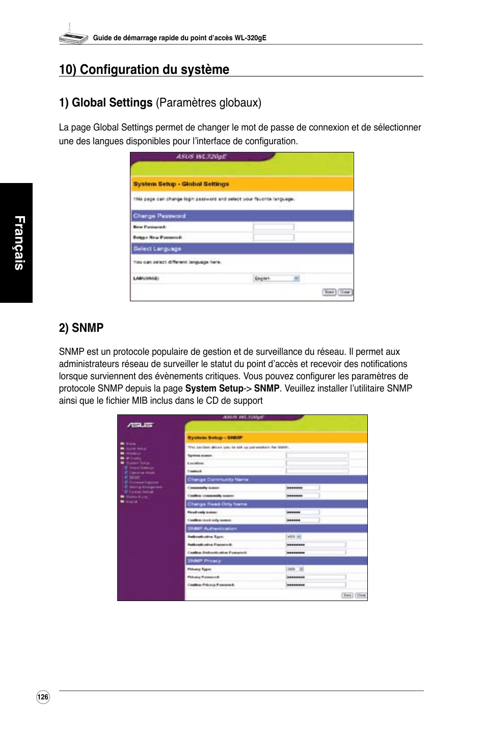 Français 10) configuration du système, 1) global settings (paramètres globaux), 2) snmp | Asus WL-320gE User Manual | Page 127 / 361