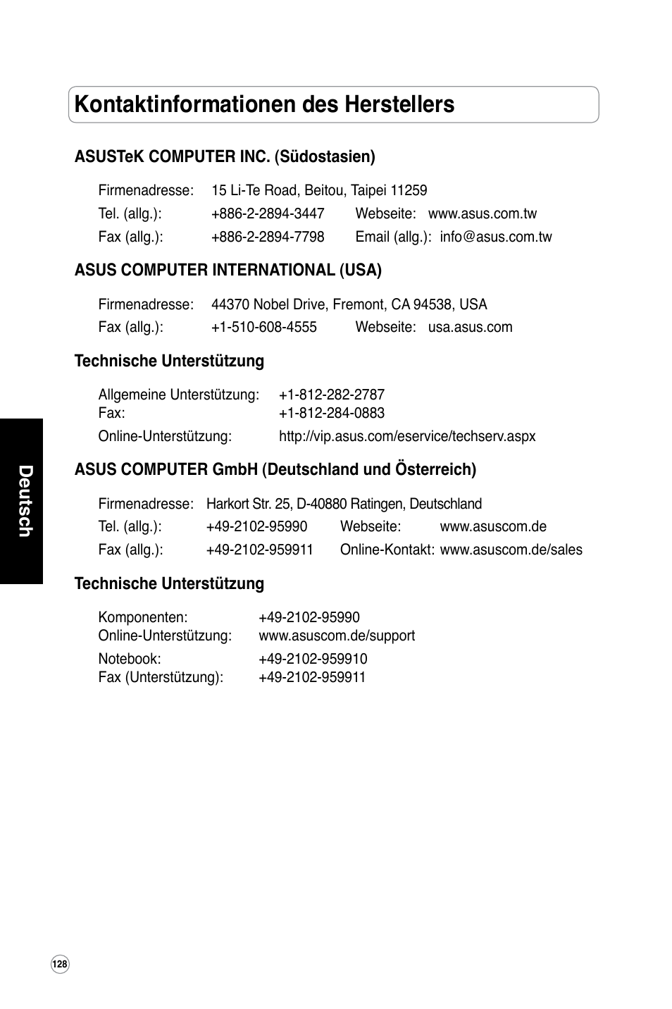 Kontaktinformationen des herstellers, Deutsch | Asus WL-320gE User Manual | Page 129 / 361