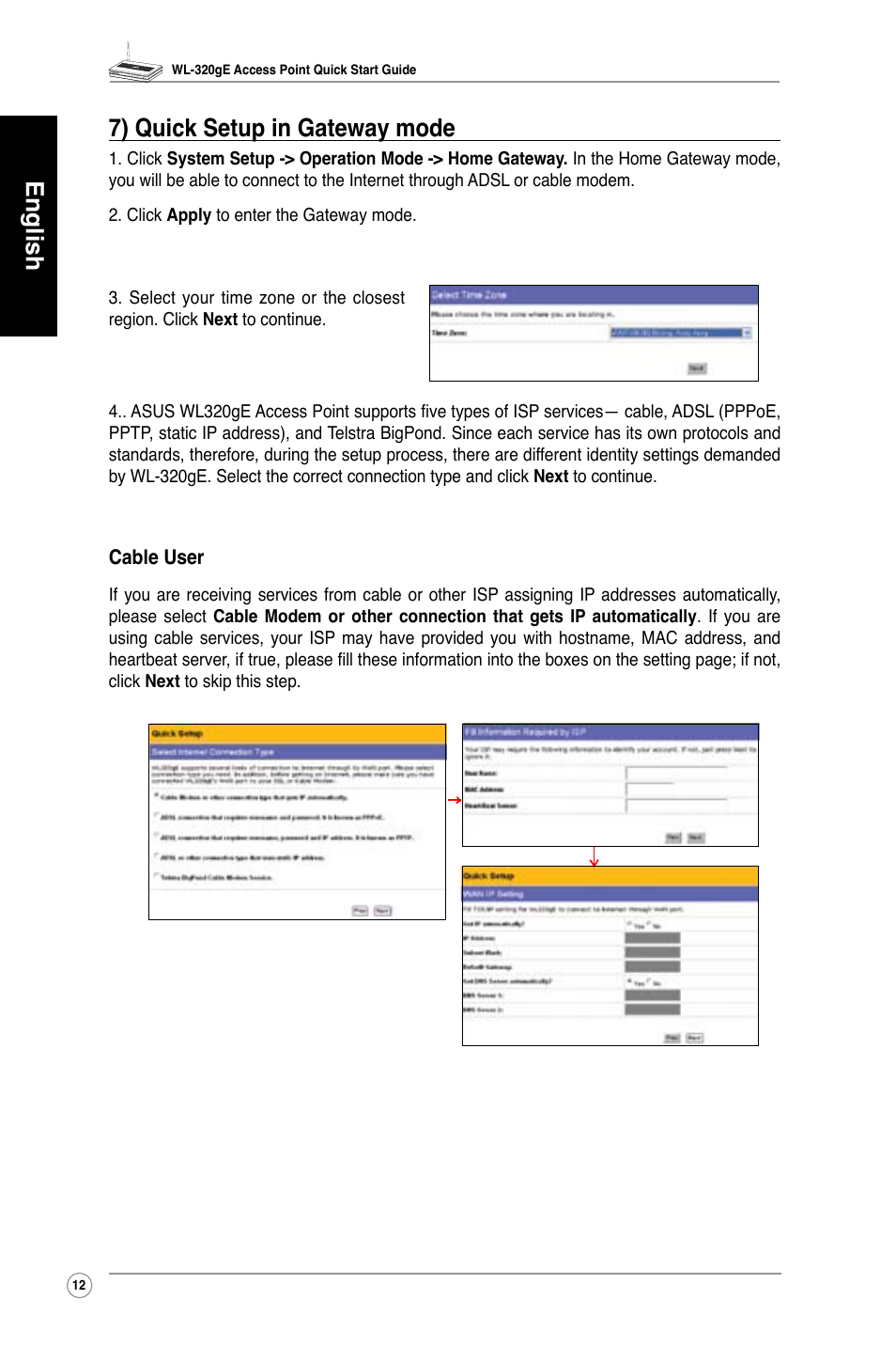 English 7) quick setup in gateway mode | Asus WL-320gE User Manual | Page 13 / 361