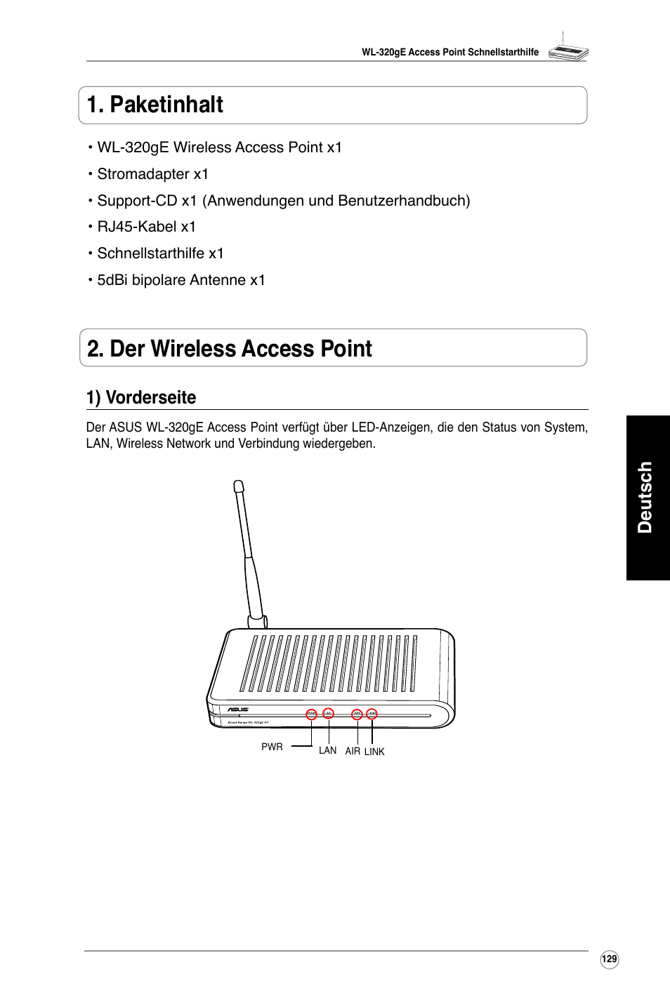 Der wireless access point 1. paketinhalt, Deutsch 1) vorderseite | Asus WL-320gE User Manual | Page 130 / 361