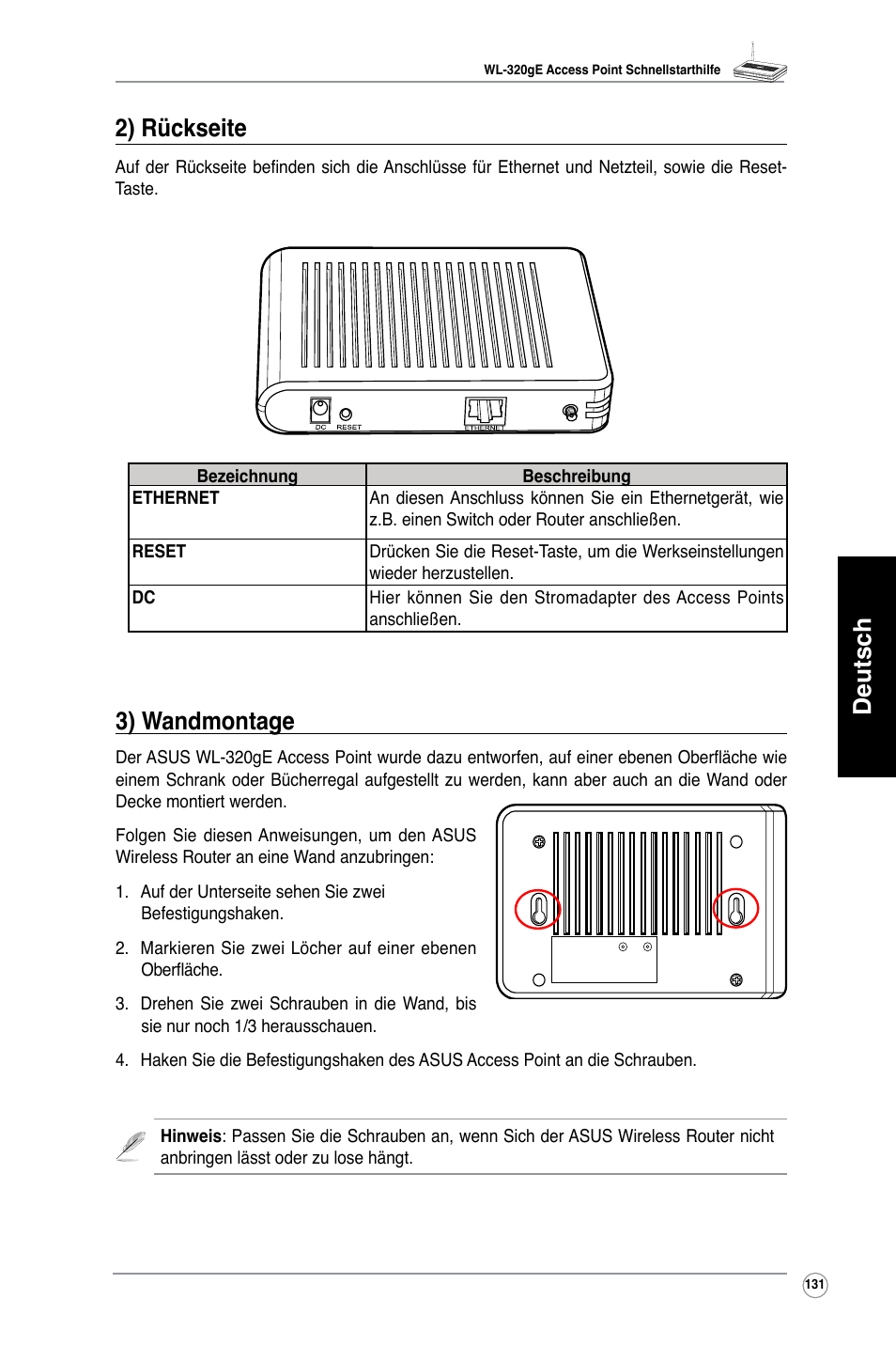 Deutsch 3) wandmontage, 2) rückseite | Asus WL-320gE User Manual | Page 132 / 361