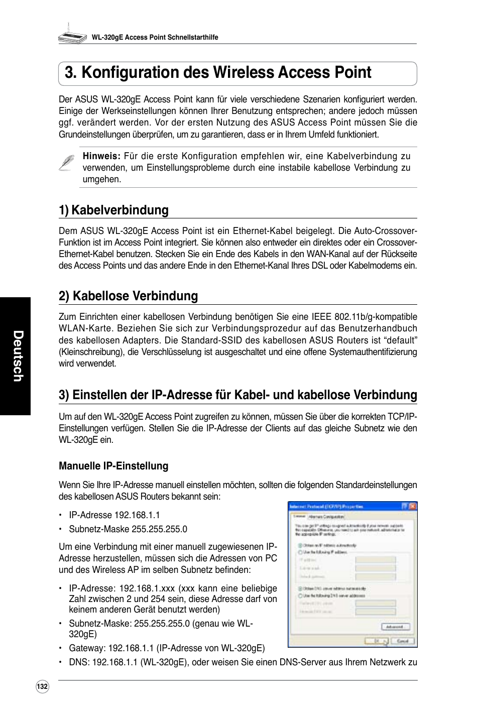 Konfiguration des wireless access point, Deutsch, 1) kabelverbindung | 2) kabellose verbindung | Asus WL-320gE User Manual | Page 133 / 361