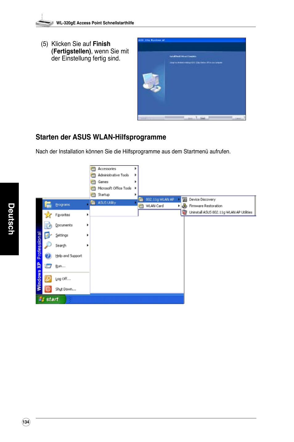 Deutsch, Starten der asus wlan-hilfsprogramme | Asus WL-320gE User Manual | Page 135 / 361