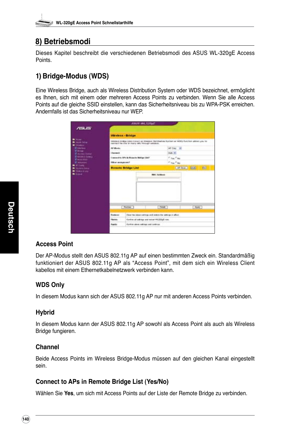 Deutsch, 8) betriebsmodi, 1) bridge-modus (wds) | Asus WL-320gE User Manual | Page 141 / 361