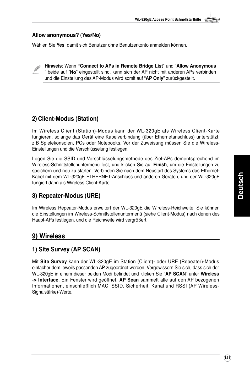 Deutsch, 9) wireless, 2) client-modus (station) | 3) repeater-modus (ure), 1) site survey (ap scan) | Asus WL-320gE User Manual | Page 142 / 361