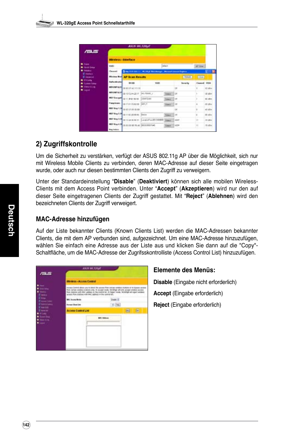 Deutsch, 2) zugriffskontrolle | Asus WL-320gE User Manual | Page 143 / 361