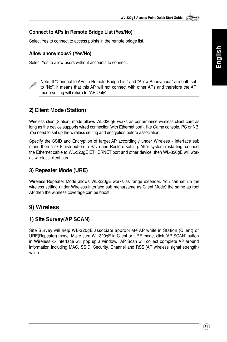 English, 9) wireless, 2) client mode (station) | 3) repeater mode (ure), 1) site survey(ap scan) | Asus WL-320gE User Manual | Page 16 / 361