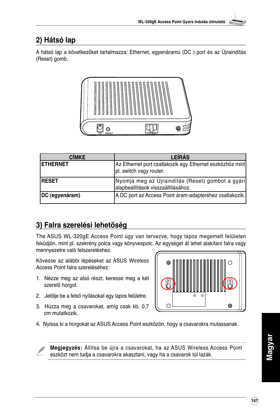 Magyar 3) falra szerelési lehetőség, 2) hátsó lap | Asus WL-320gE User Manual | Page 168 / 361