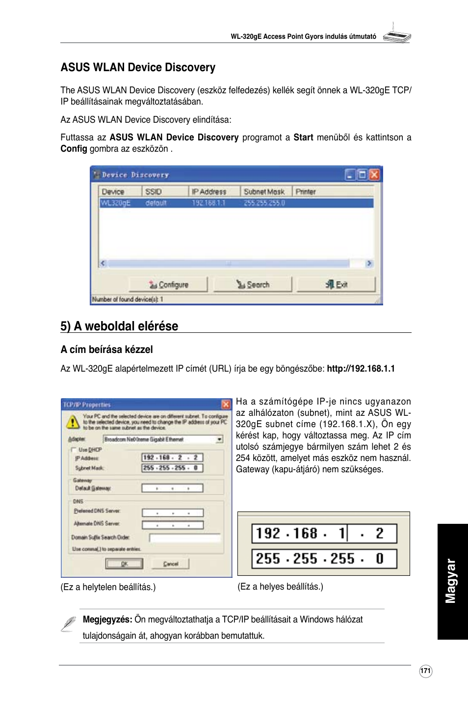 Magyar, 5) a weboldal elérése, Asus wlan device discovery | Asus WL-320gE User Manual | Page 172 / 361