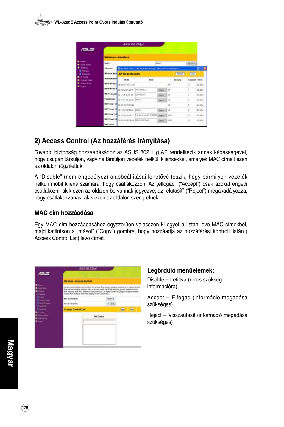 Magyar, 2) access control (az hozzáférés irányítása) | Asus WL-320gE User Manual | Page 179 / 361