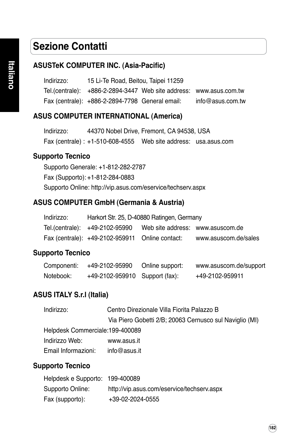 Sezione contatti, Italiano | Asus WL-320gE User Manual | Page 183 / 361