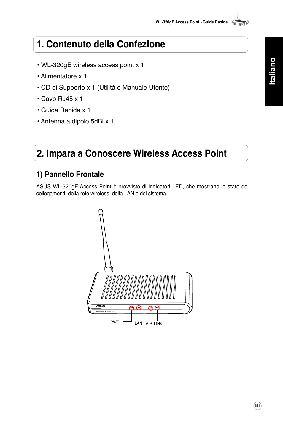 Italiano 1) pannello frontale | Asus WL-320gE User Manual | Page 184 / 361