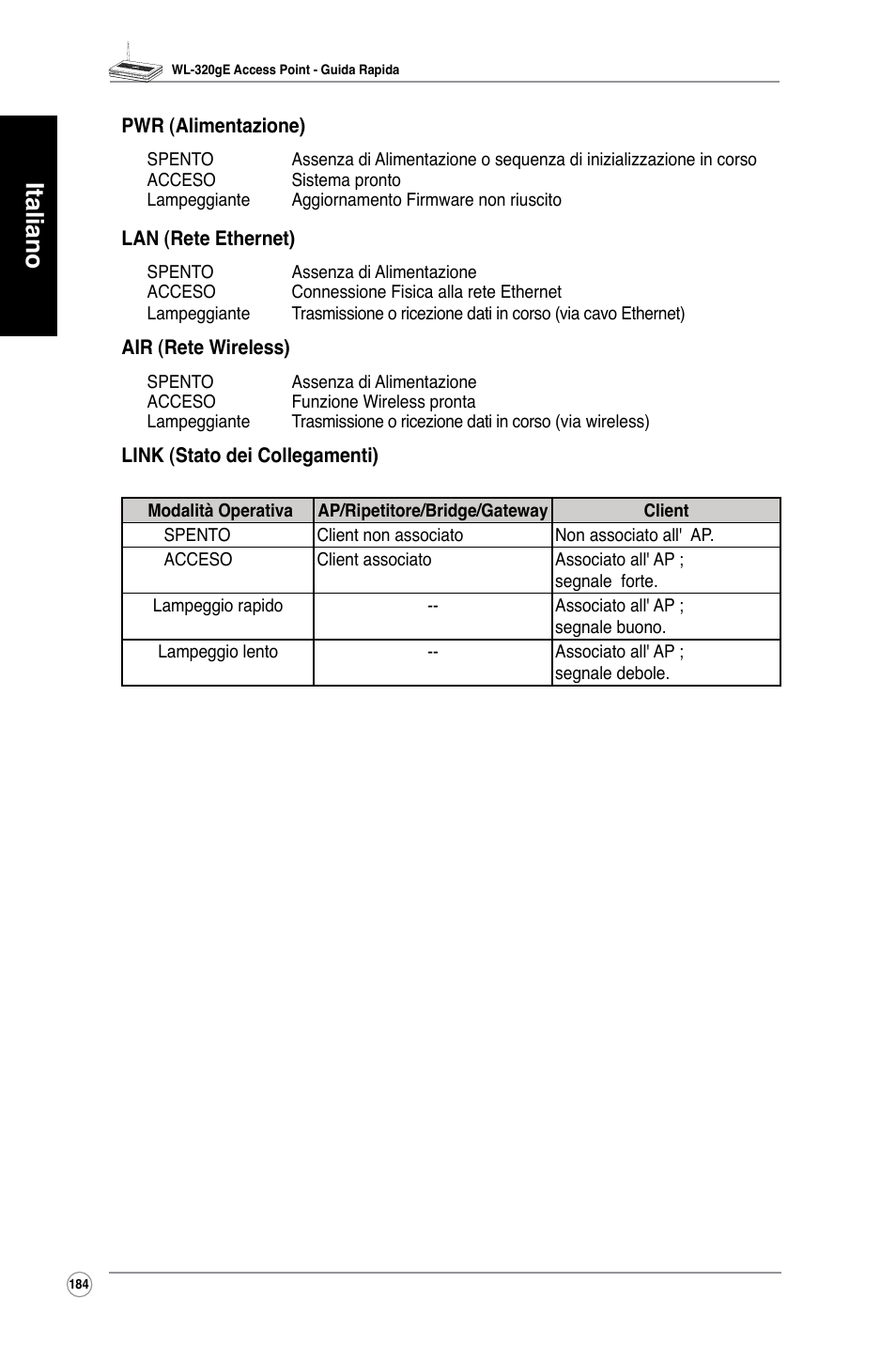 Italiano | Asus WL-320gE User Manual | Page 185 / 361