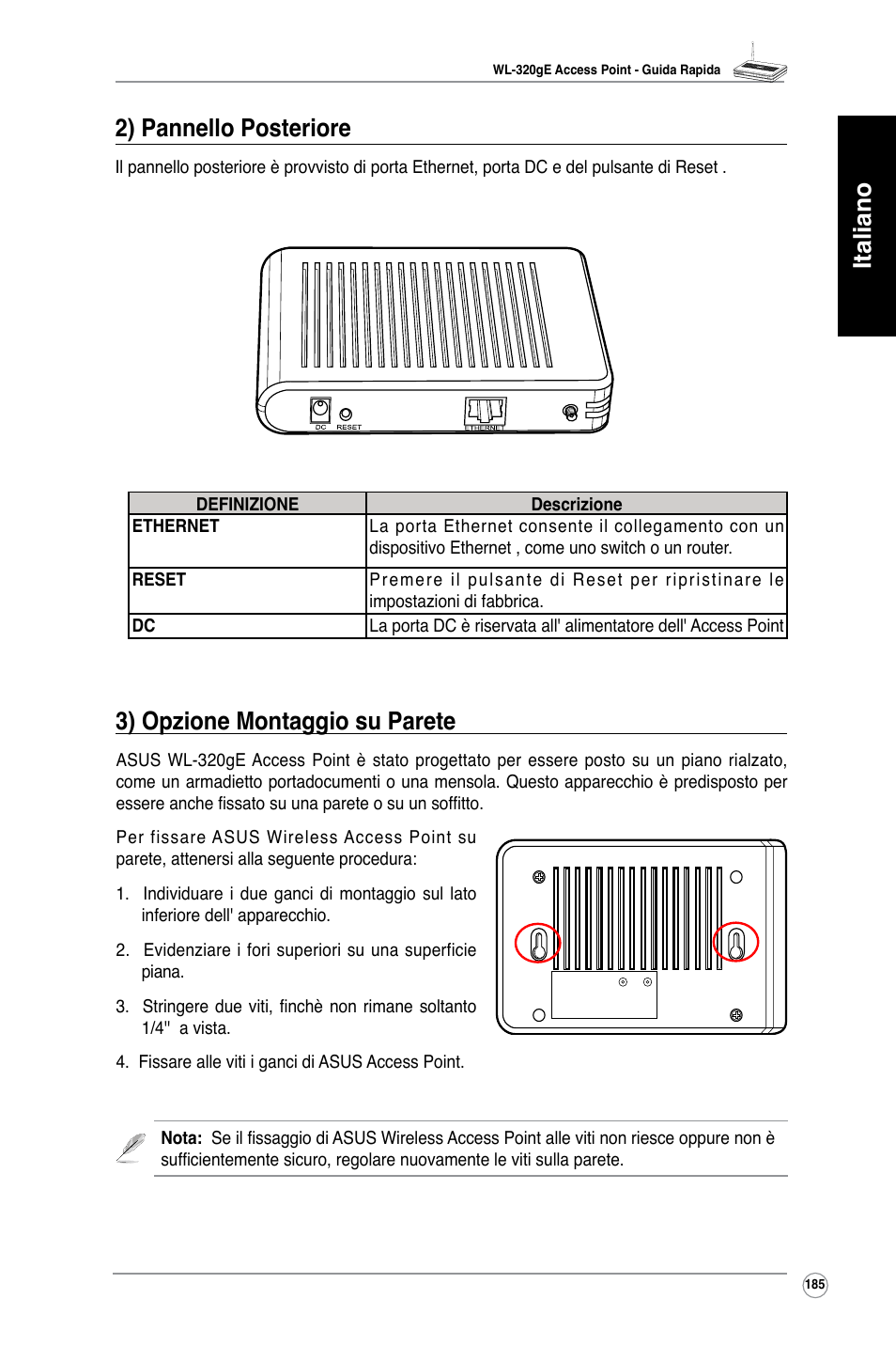 Italiano 3) opzione montaggio su parete, 2) pannello posteriore | Asus WL-320gE User Manual | Page 186 / 361