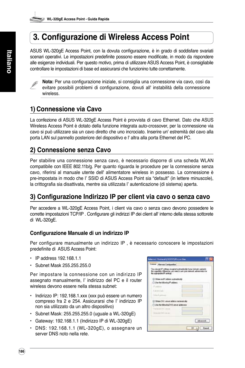 Configurazione di wireless access point, Italiano, 1) connessione via cavo | 2) connessione senza cavo | Asus WL-320gE User Manual | Page 187 / 361