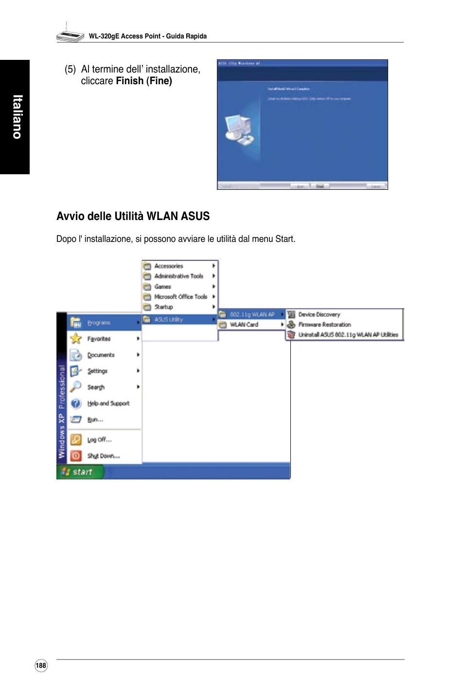 Italiano, Avvio delle utilità wlan asus | Asus WL-320gE User Manual | Page 189 / 361