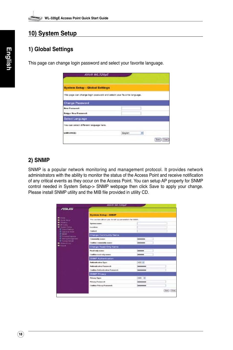 English 10) system setup, 1) global settings, 2) snmp | Asus WL-320gE User Manual | Page 19 / 361