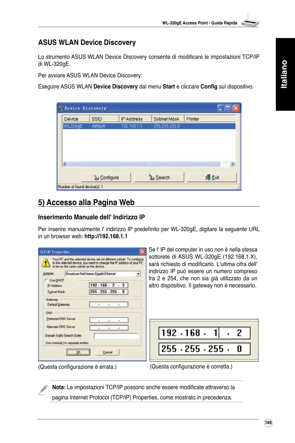 Italiano, 5) accesso alla pagina web, Asus wlan device discovery | Asus WL-320gE User Manual | Page 190 / 361