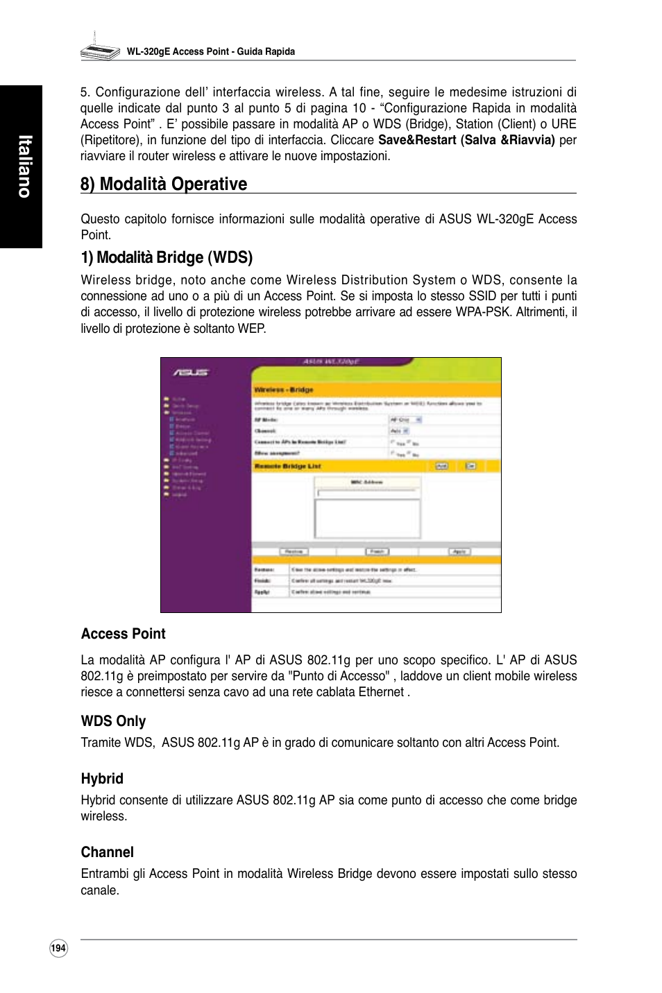 Italiano, 8) modalità operative, 1) modalità bridge (wds) | Asus WL-320gE User Manual | Page 195 / 361