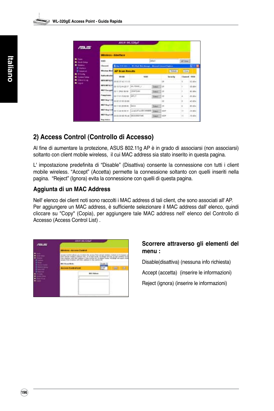 Italiano, 2) access control (controllo di accesso) | Asus WL-320gE User Manual | Page 197 / 361